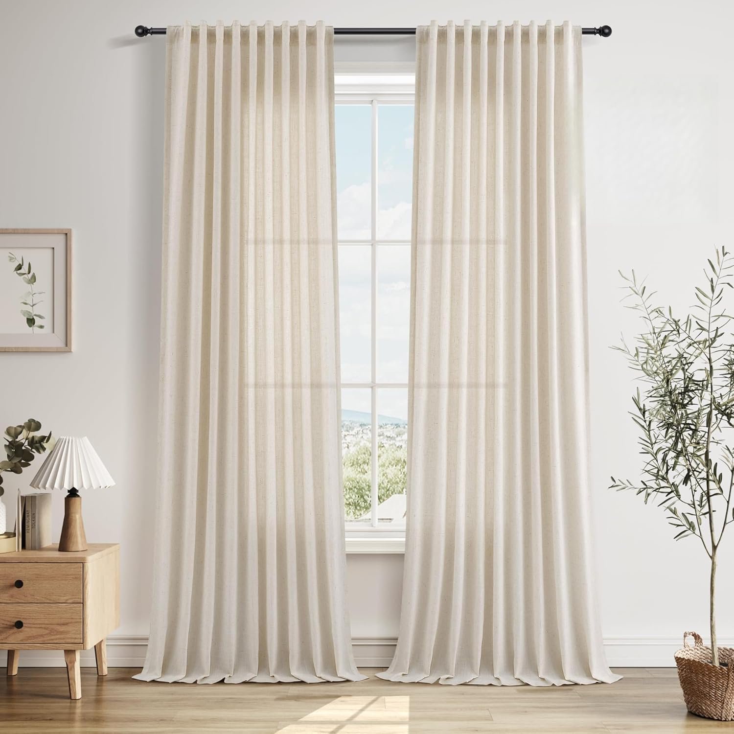 Beige Cream Linen Curtains 96 Inches Long for Living Room 2 Panel Back Tab Hook Belt Elegant Farmhouse Soft Linen Drapes Privacy Semi Sheer Curtain for Bedroom Nursery 52Wx96L