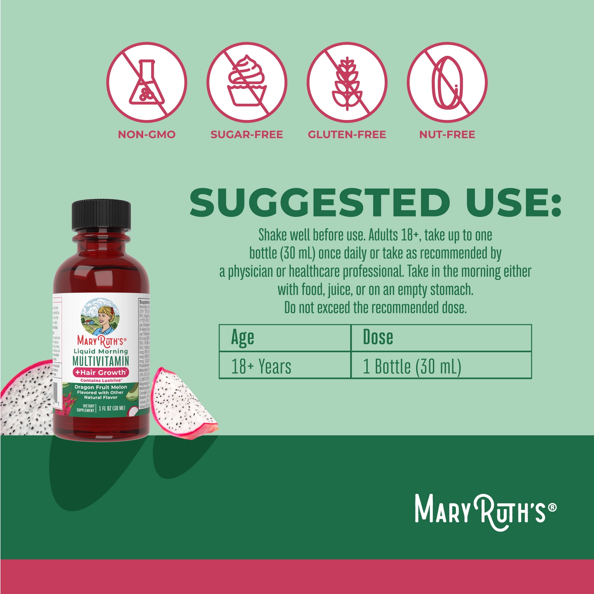 MaryRuth's Liquid Morning Multivitamin + Hair Growth Travel Pack with Lustriva for Thicker Hair, Reduced Wrinkles, Adults Ages 18+, 8-pack, 1 fl oz
