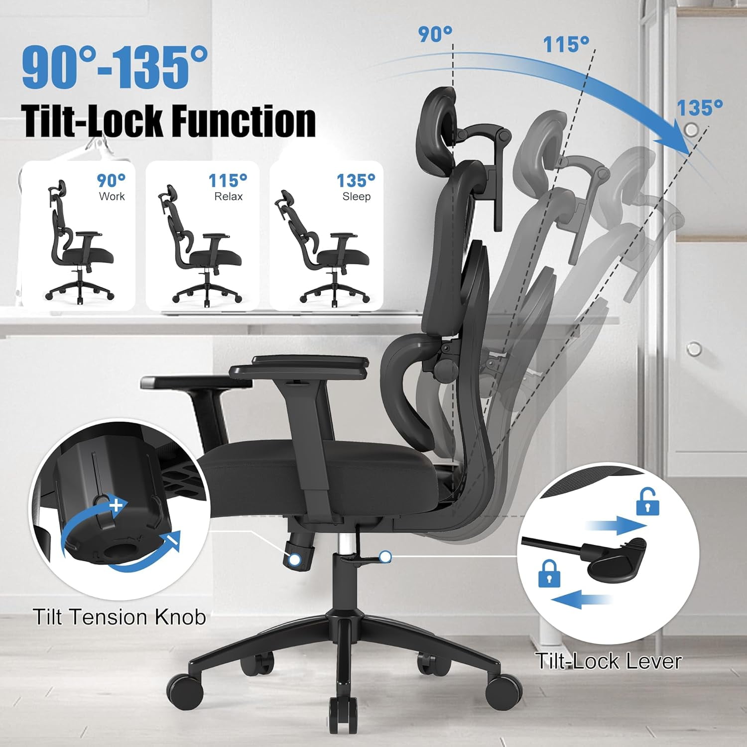 Ergonomic Office Chair High Back Adjustable Computer Desk Chair with Lumbar Support 500LB, Black