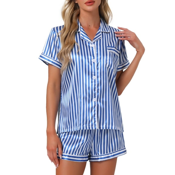 DARING DIVA Women's 2 Pcs Satin Silky Contrast Color Trim Pajama Set L Blue