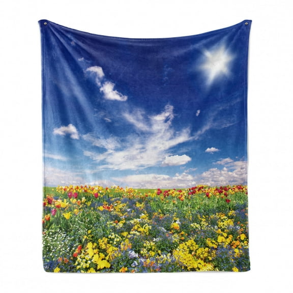 Flower Soft Flannel Fleece Throw Blanket, Flowers Meadow and Cloudy Sky Nature Landscape Print Vivid Sun Springtime, Cozy Plush for Indoor and Outdoor Use, 70" x 90", Multicolor, by Ambesonne