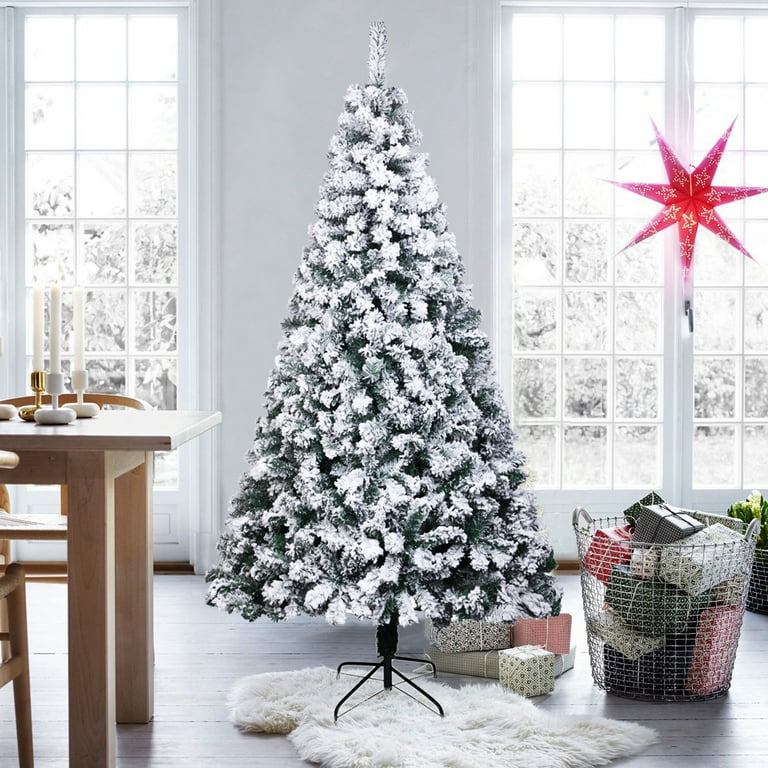 BTMWAY 6FT Snow Flocked Christmas Trees, Artificial Christmas Tree with 750  Branch Tips, Xmas Tree with Sturdy Metal Base, Flocking Spray White Tree
