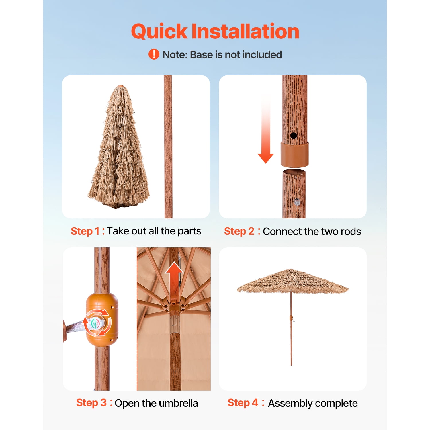 KFFKFF 9 ft Thatched Patio Umbrella with Tilt, Hawaiian-Style Beach Parasol Featuring Durable PP Thatch and 8 Metal Ribs, Grass Umbrella for Poolside, Backyard, Garden, Patio, and Beach