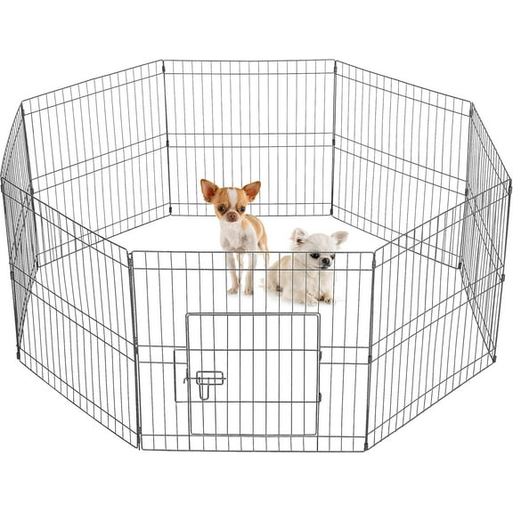 SAEWUD 24" High 8 Panel Foldable Metal Dog Exercise Pen Pet Playpen Dog Fence Outdoor & Indoor Use for Small Animals with Door Black