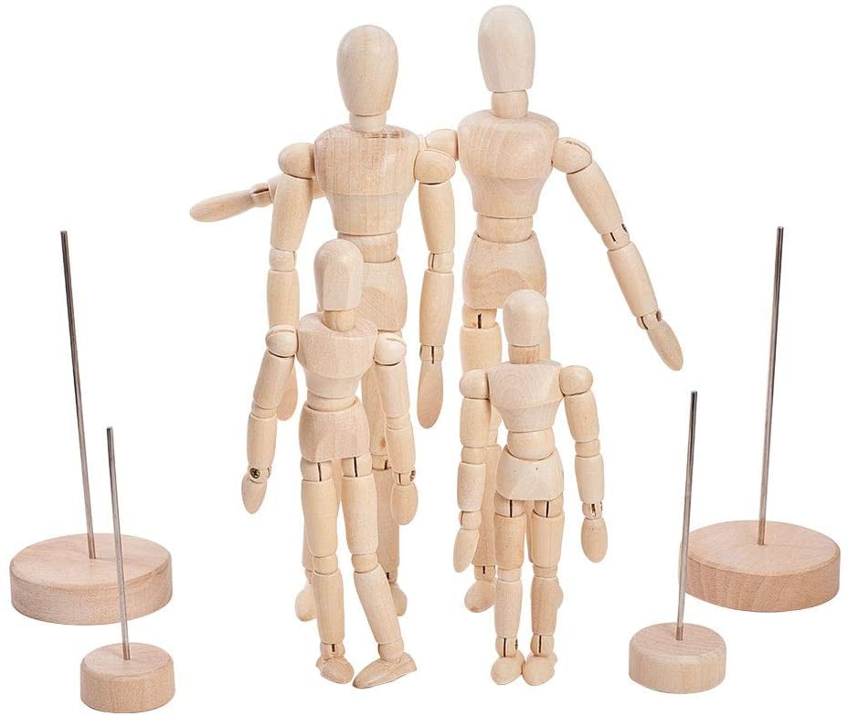 4 Pcs Wooden Artist Drawing Articulated Manikin Blockhead, Flexible Wooden Doll Human Figure Puppet Model for Sketch Charcoal Home Office Desk Decoration Gift