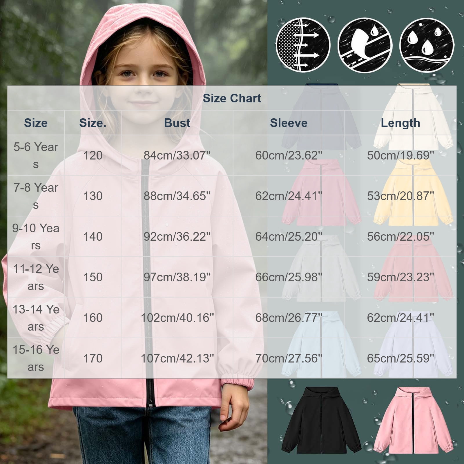 Lutiedan Girls Waterproof Rain Jacket Zip Up Hooded Lightweight Windbreaker Casual Outdoor Raincoats with Pocket Size 5-16