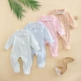 thumbnail image 4 of BOBOGOJP Newborn Baby Boy Girl Gingham Footed Romper Peter Pan Collar Infant Long Sleeve Zipper Jumpsuit Coming Home Outfit Sky Blue for Size 3-6 Months, 4 of 5