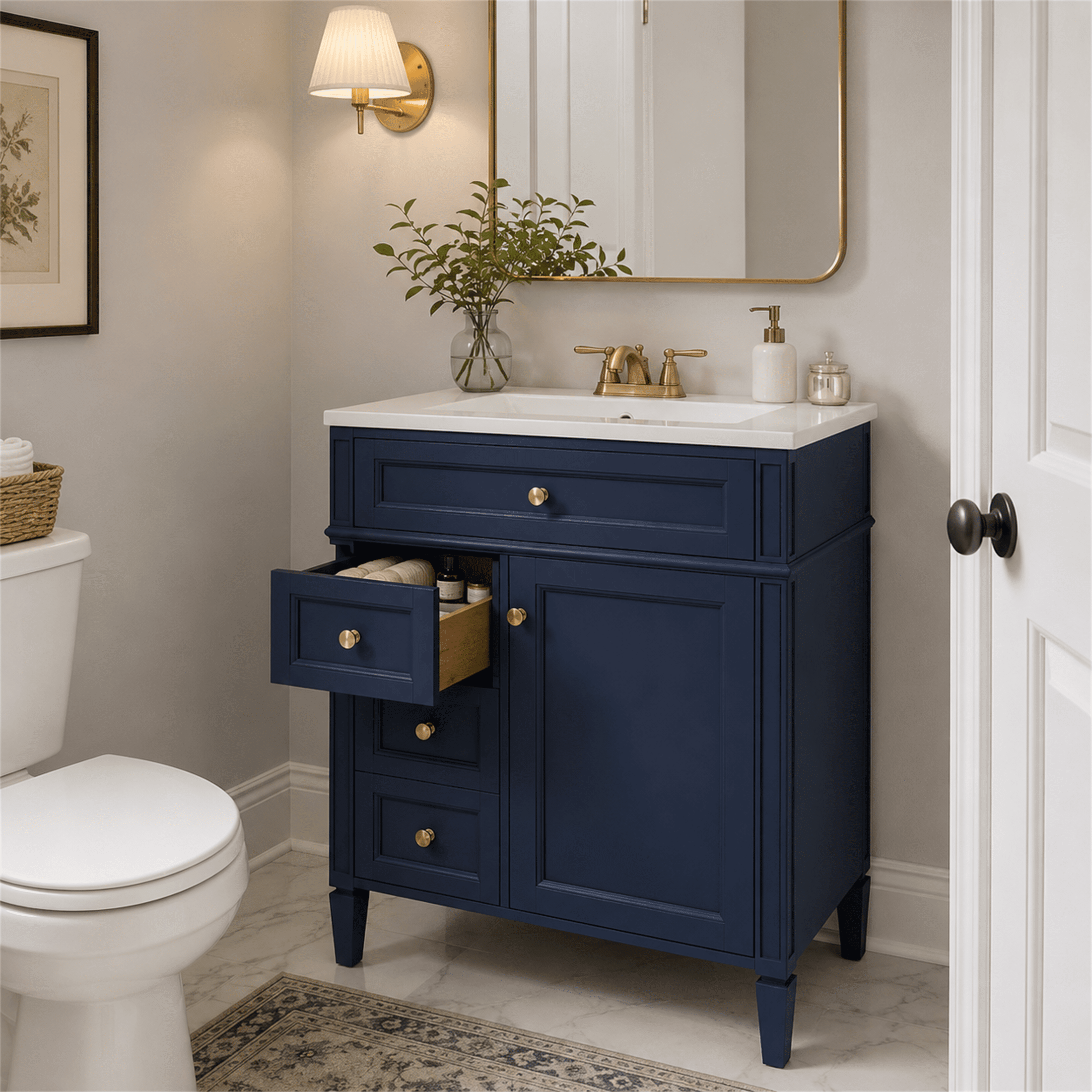 Homy Casa 30" Freestanding Bathroom Vanity with Ceramic Sink, 3 Drawers Navy Blue