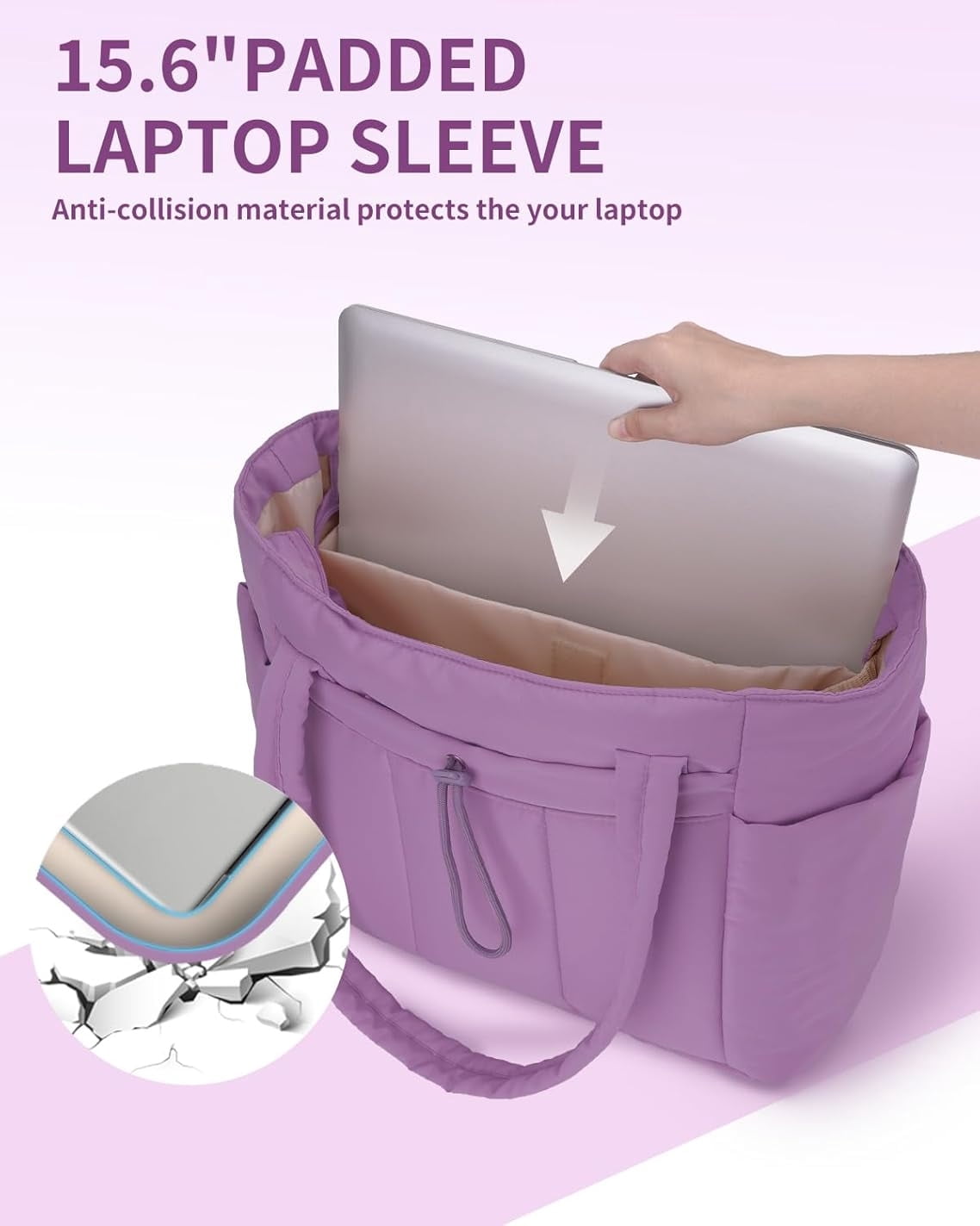 Puffer Tote Bag for Women, Shoulder Bag Handbag with Cup Holder & 15.6" Laptop Compartment & Trolley Sleeve for Travel, Work, Nurse, Lightweight, 20L