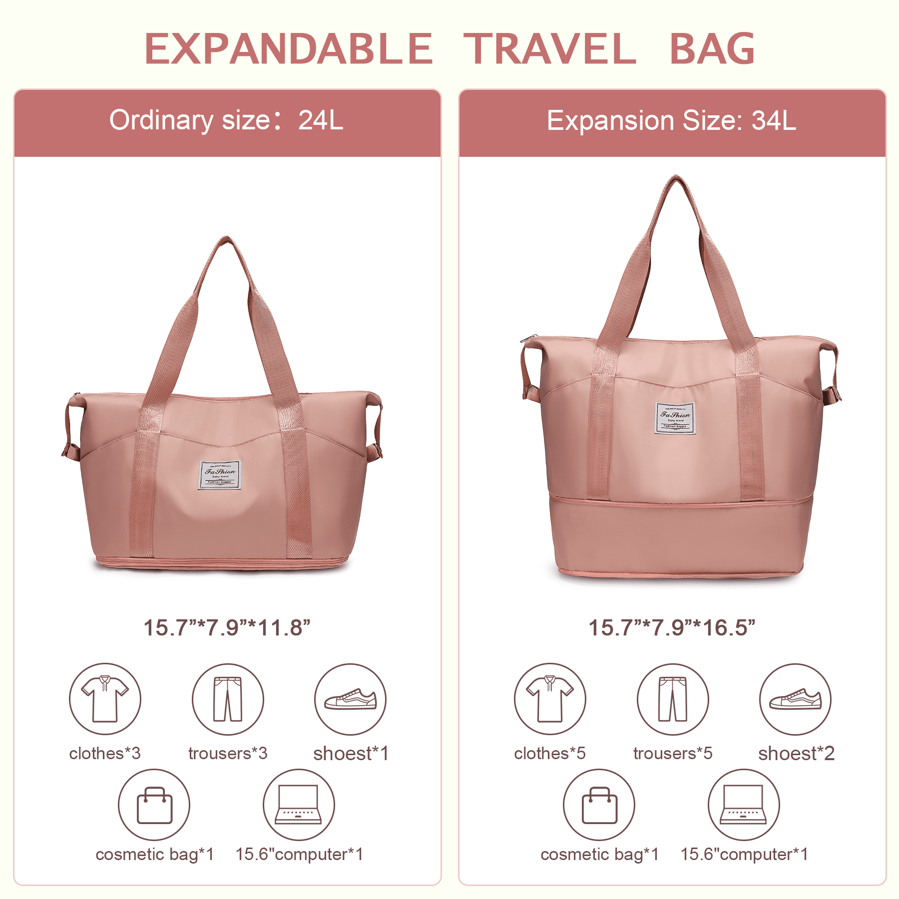 DAKOMM 35L Expandable Weekender Duffle Bag, Pink photo 6