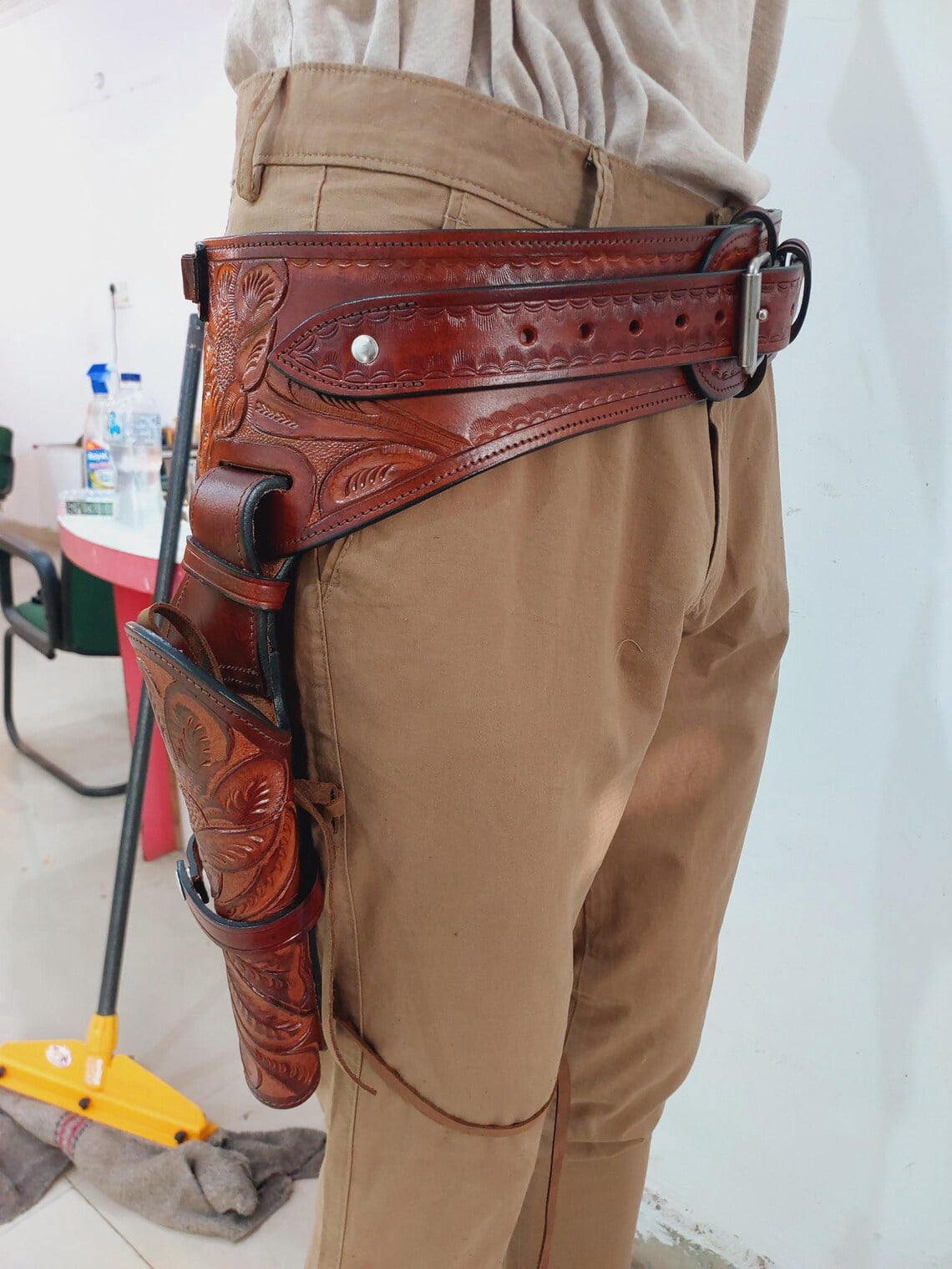 Western Gun Holster with Belt Handmade Genuine Leather Floral Tooled Cowboy Holster Rig