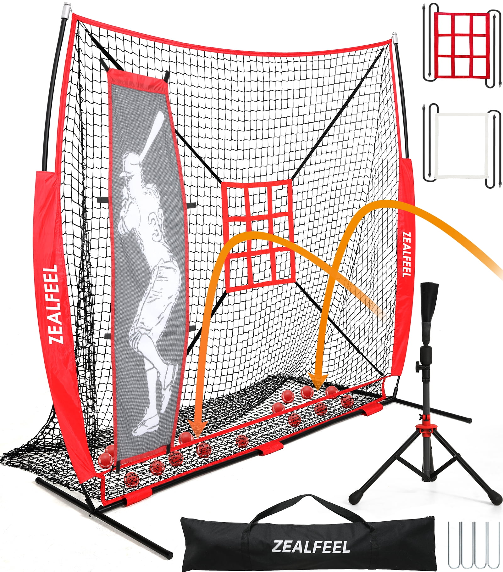 Zealfeel 7 x 7 ft Baseball & Softball Net Set: Includes Batting Tee, Dummy Batter, 2 Strike Zones & Ball Collection System. Steel Frame & Carry Bag