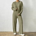 thumbnail image 2 of hoksml Women's Ribbed Knit Hooded Tracksuit 2 Piece Outfit, V Neck Long Sleeve Top and Wide Leg Pants Casual Loungewear Set, 2 of 8