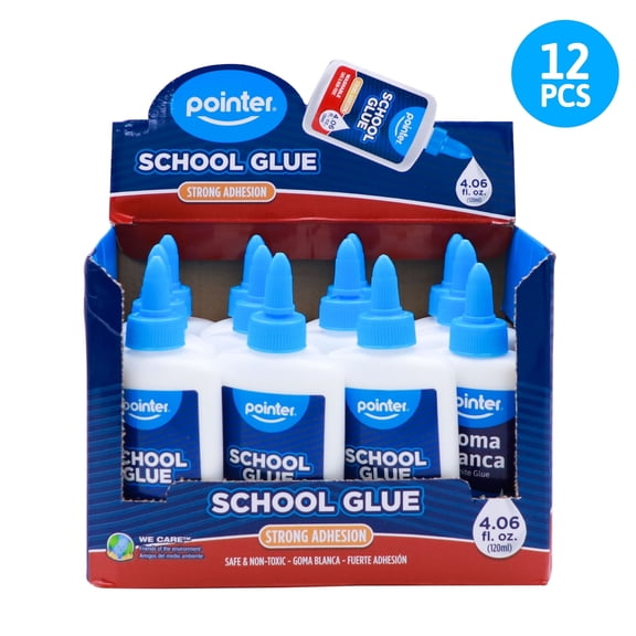 Pointer School Glue, Washable and Non-Toxic, 4.06 fl oz (120mL) Bottles, 12-Pack, Dries in 30 Minutes to 1 Hour
