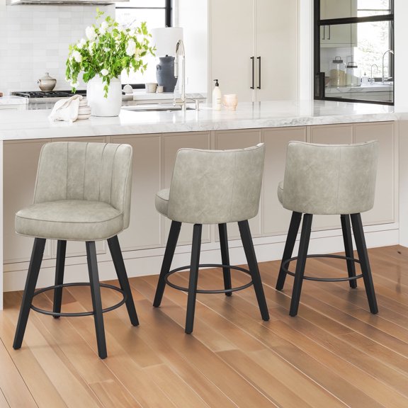 Dycanpo 26" Counter Height Bar Stools with Back Set of 3, Faux Leather Upholstery for Kitchen, Gray