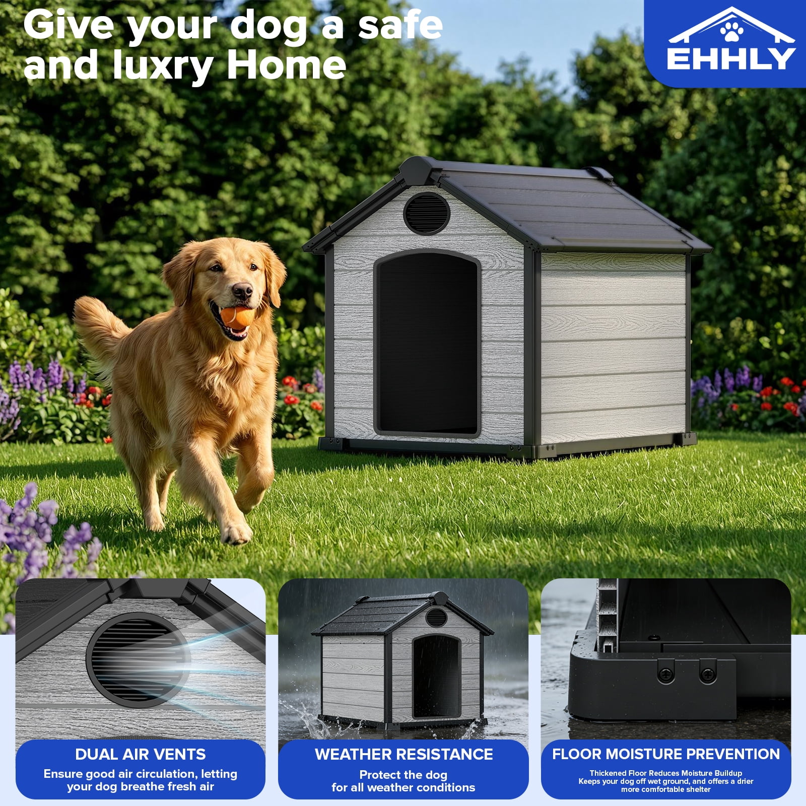 EHHLY Large Dog House Outdoor, Extra Large 46" Insulated Igloo Design with Elevated Floor, For Large Dogs with Spacious Interior, Cement Grey