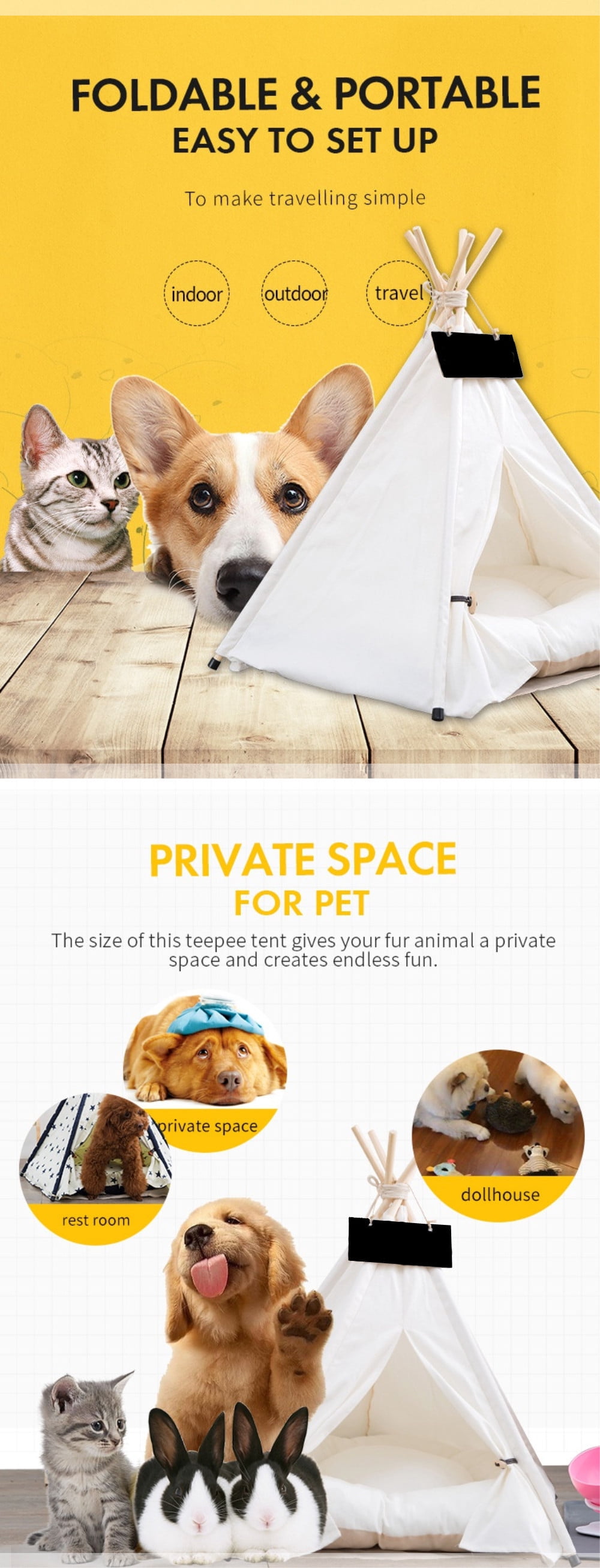 Pet Teepee Dog & Puppy Cat Tents Tipi Bed Portable Houses with Thick Cushion for Pets Up to 15lbs