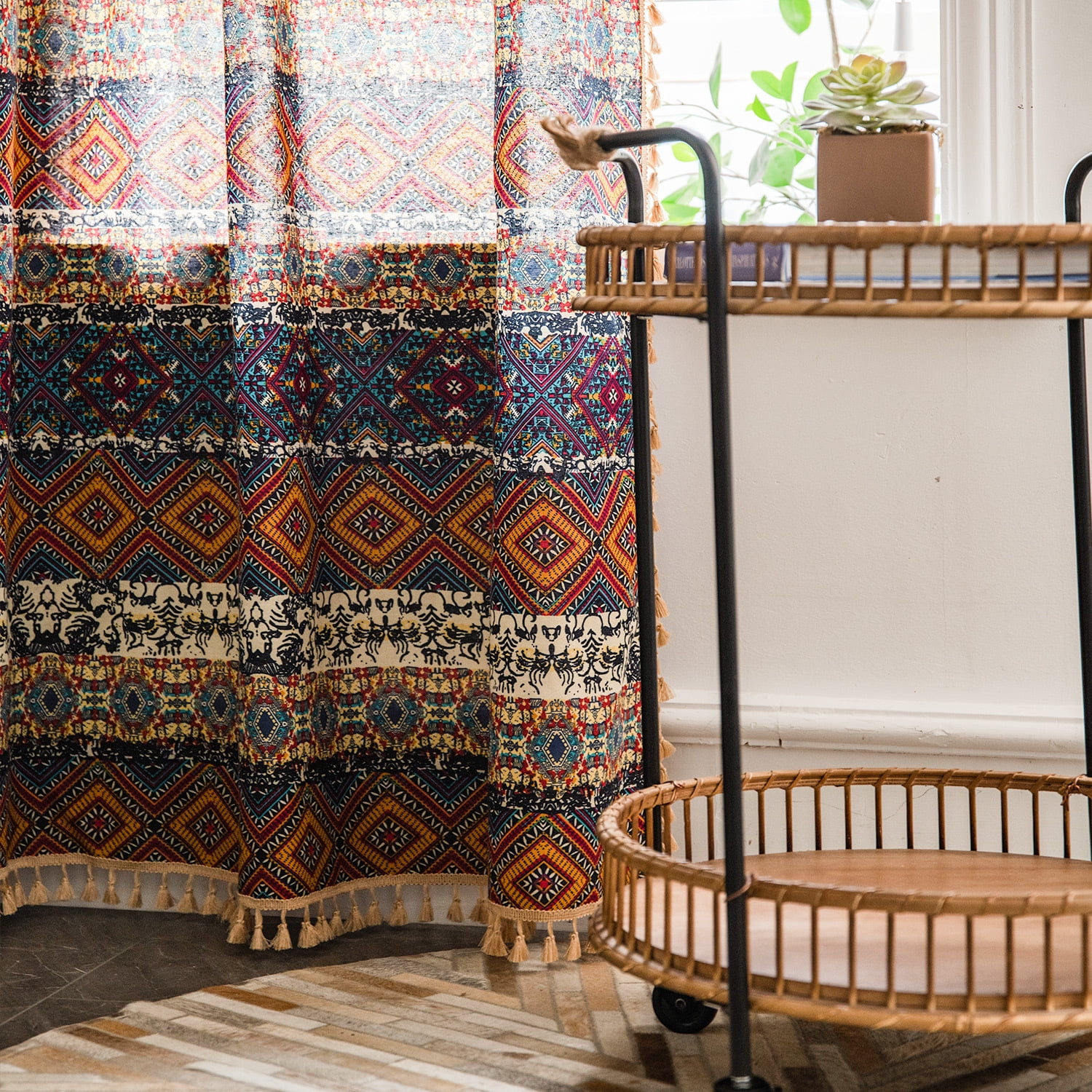 VOGOL Geo Pattern Boho Curtains, Light Filtering Faux Linen Drapes 59x63 Inches, 1 Panel for Living Room