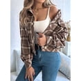 thumbnail image 5 of Women'S Long Sleeve Cropped Flannel Plaid Shacket Button Down Plaid Crop Short Jacket Coat Brown S, 5 of 10