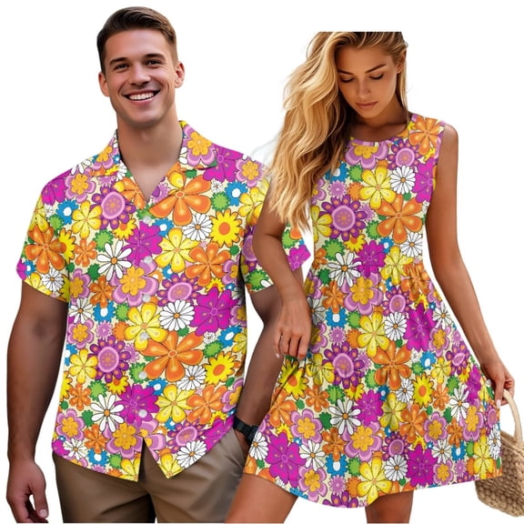 Garronmavis Matching Outfits for Couples Polyester Vacation Mens Lightweight Shirts Blouse and Womens Sleeveless Dress Elastic Waistband Hippie Flower Beach Mini Dress