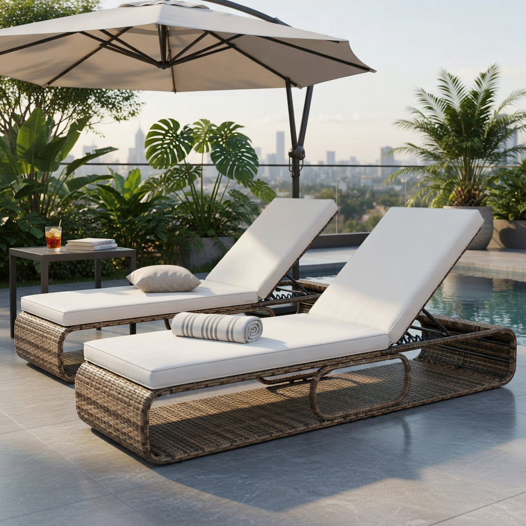Hommoo 7-Position Adjustable PE Rattan Outdoor Chaise Lounge Chair with Removable Cushion, for Patio, Poolside & Backyard, White