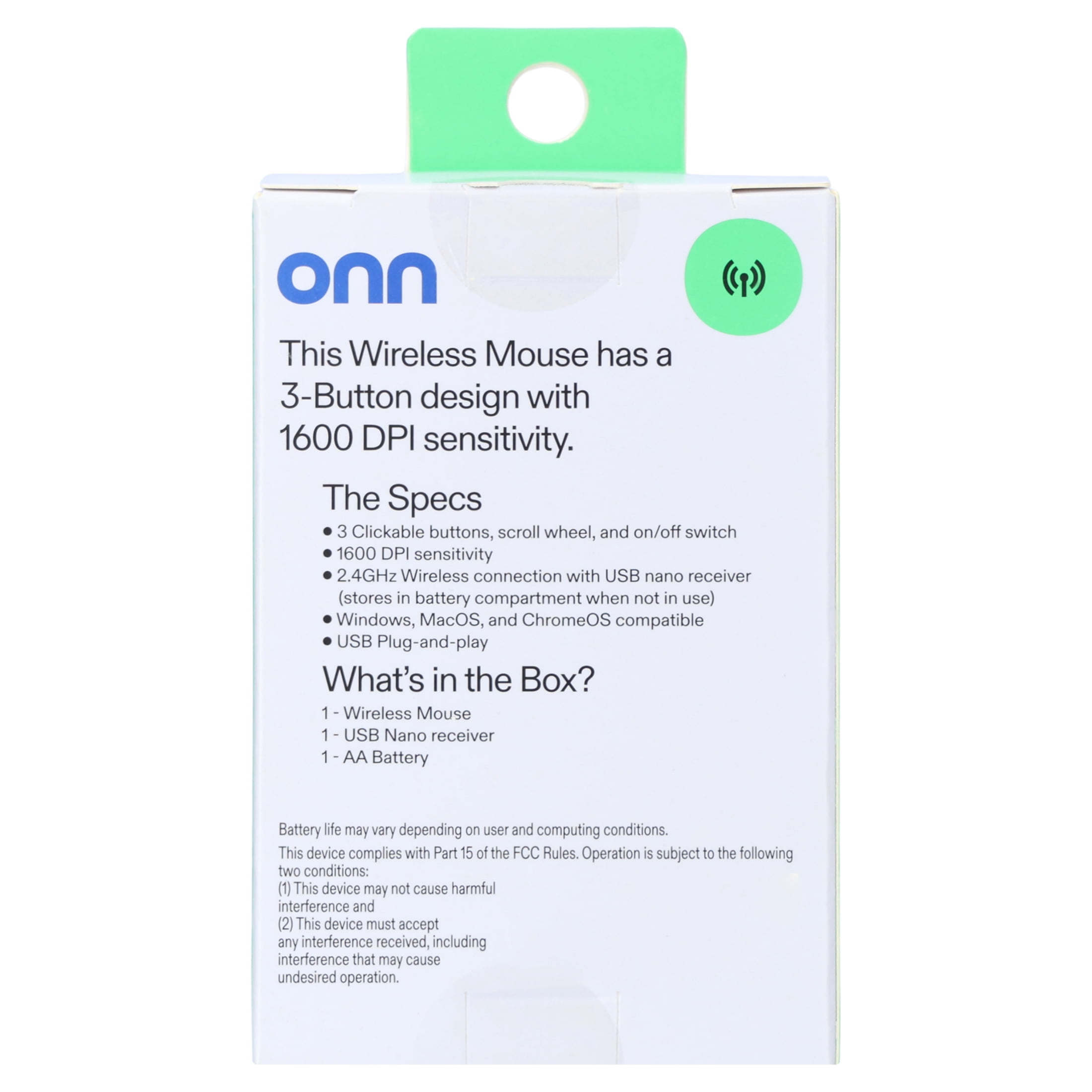 onn Wireless 3-Button Mouse with 2.4 GHz USB Nano Receiver, Gray Stone Finish