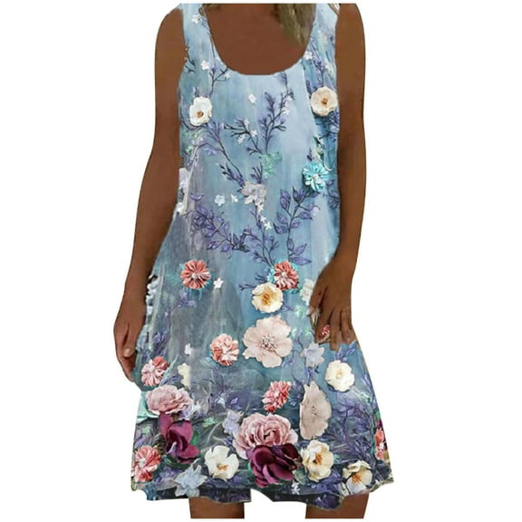 USSUMA Sundresses for Women Casual Summer Vintage Flowy Swing Tshirt Floral Print Knee Length Womens Shirt Dresses Beach U Neck Sleeveless Plus Size Wedding Guest Sun Dress