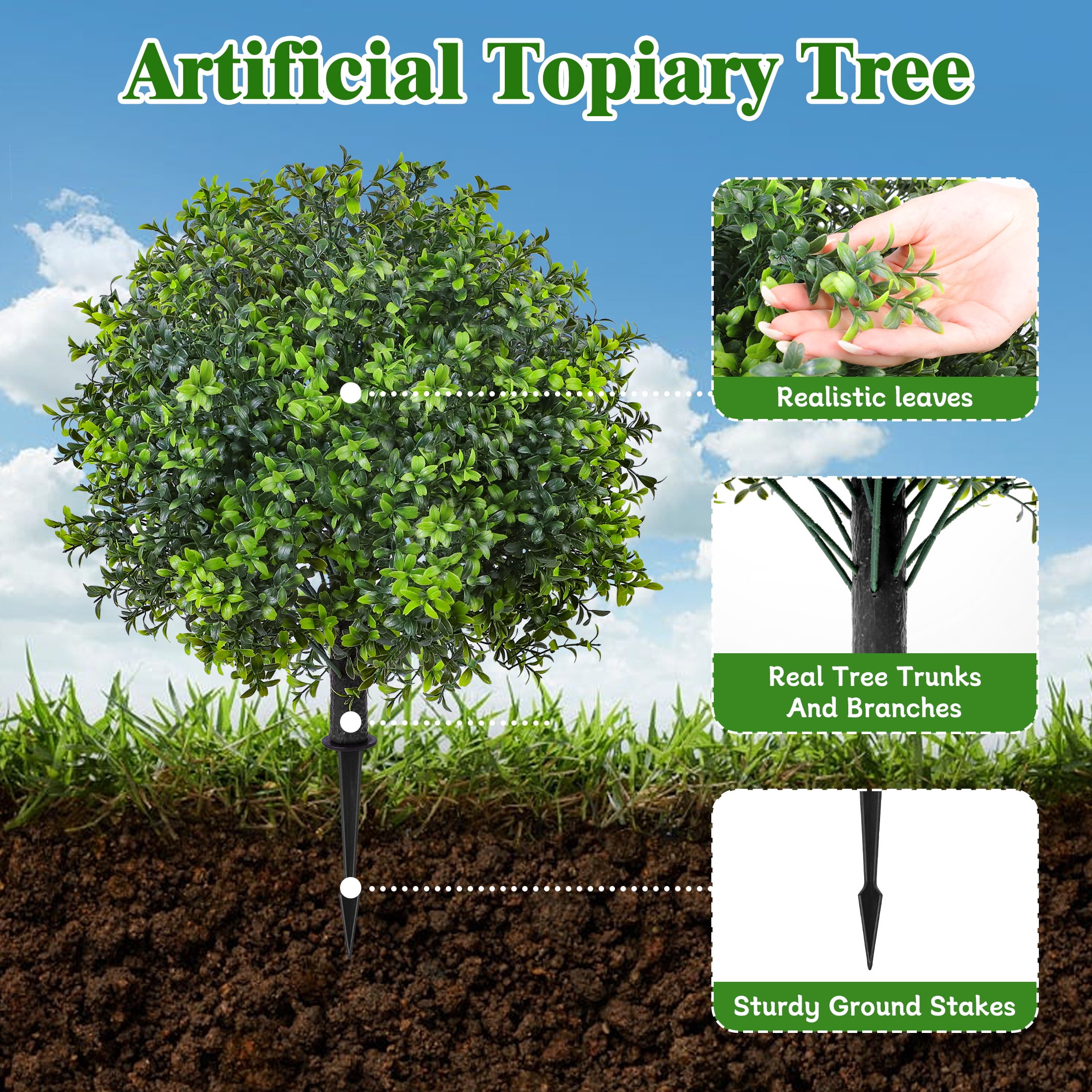 HKKDKTA 2 Pack Artificial Boxwood Topiary Ball Trees with Ground Spike,UV Resistant Faux Bushes Plants for Indoor Outdoor Garden Patio Decor