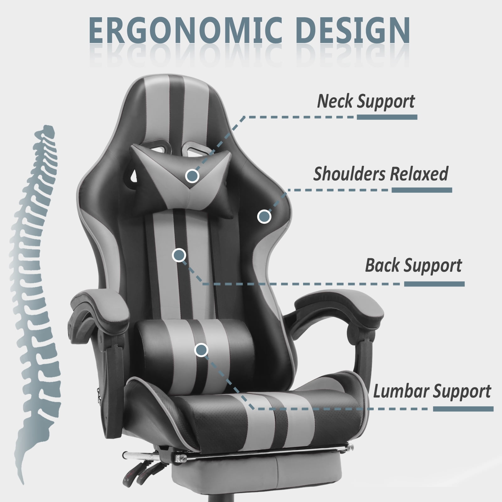 Luxvie Gaming Chair with Footrest High Back Computer Office Gamer Chair with Massage and Headrest Lumbar Support Swivel Seat Ergonomic Game Chair for Adults, Gray