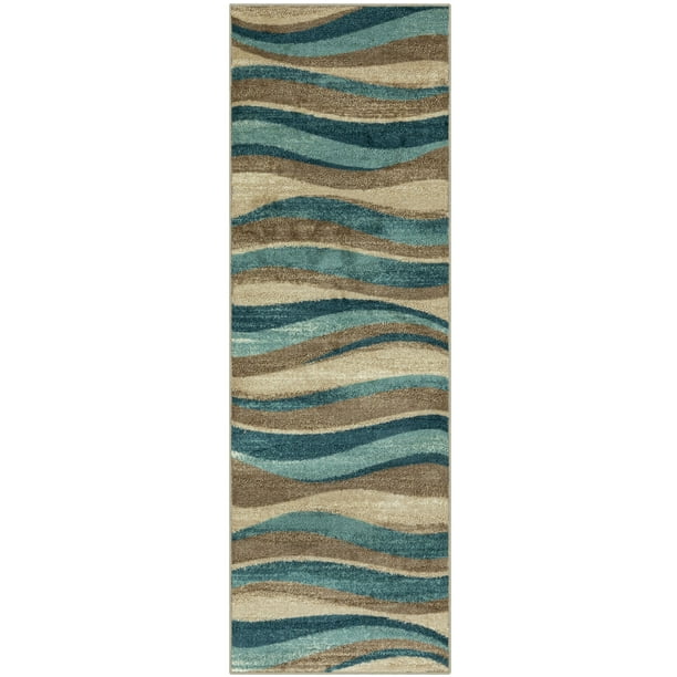 Mainstays Geometric Blue Brown Waves Hallway Runner Rug, 2'x6