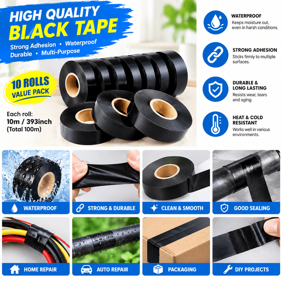 10 Pack Black Electrical Tape, Heavy Duty PVC Insulation Tape Roll with Waterproof Heat Resistant Adhesive, Flexible Wire Repair Tape for Electrical Wiring, Automotive, Home DIY Projects and Maintena