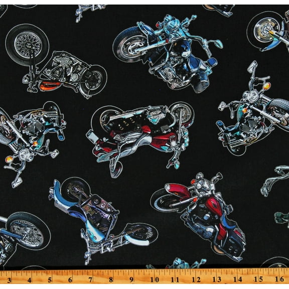 Cotton Motorcycles Motorbikes Tossed On the Road Black Cotton Fabric Print by the Yard (SRKD-20201-2BLACK)
