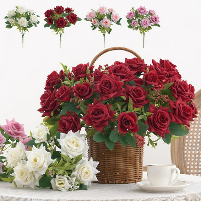 Artificial Green Plants 7 Head Red Cloth Crimped Roses Artificial Flowers for Wedding Corsage Home Decor Photography(1-Piece) Rkxzt