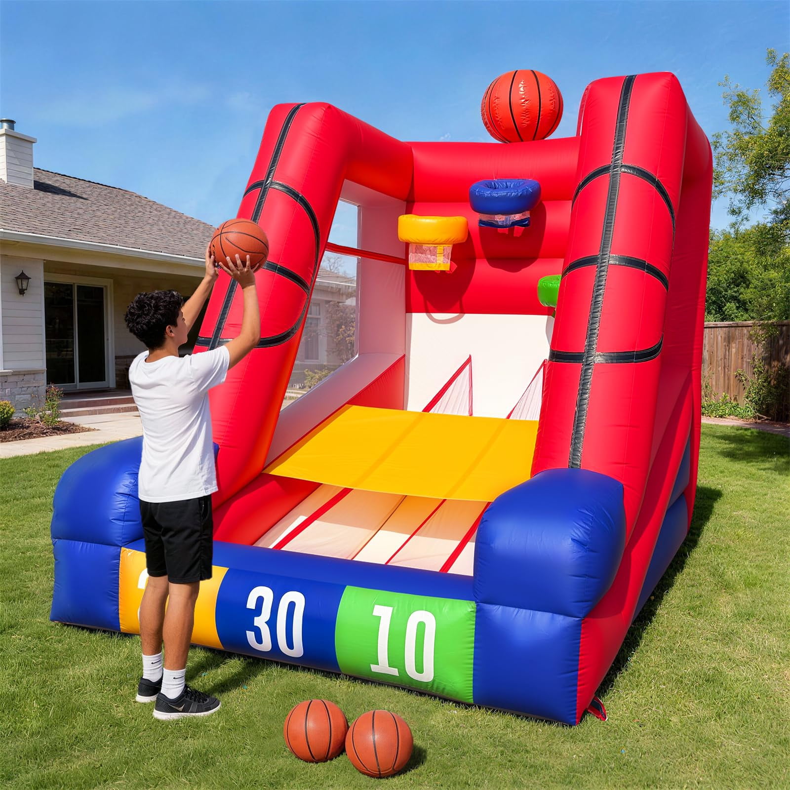 12Ft Inflatable Basketball Challenge Game, Commercial Grade PVC Basketball Game with 3 Balls & Air Blower, Multi-Player Inflatable Carnival Game for Outdoor Fun, Home & Rental Use