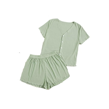 

2pcs Set Casual V neck Short Sets Short Sleeve Mint Green Women s Pajama Sets (Women s)