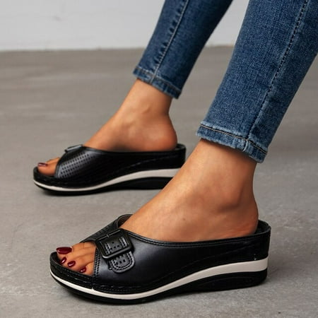 

QWZNDZGR Plus Size Wedges Slippers Women 2022 Summer Buckle Fish Mouth Sandals Woman Lightweight Slope Heels Beach Flip Flops for Female