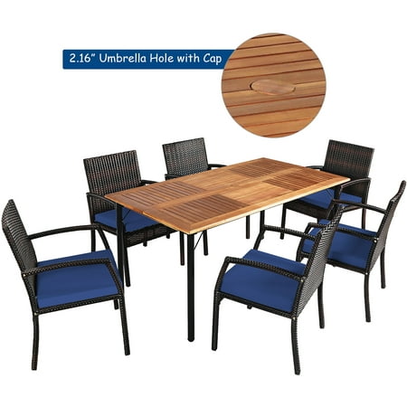 Costway 7pcs Patio Rattan Dining Chair, 7pcs Patio Rattan Cushioned Dining Set With Umbrella Hole Cover
