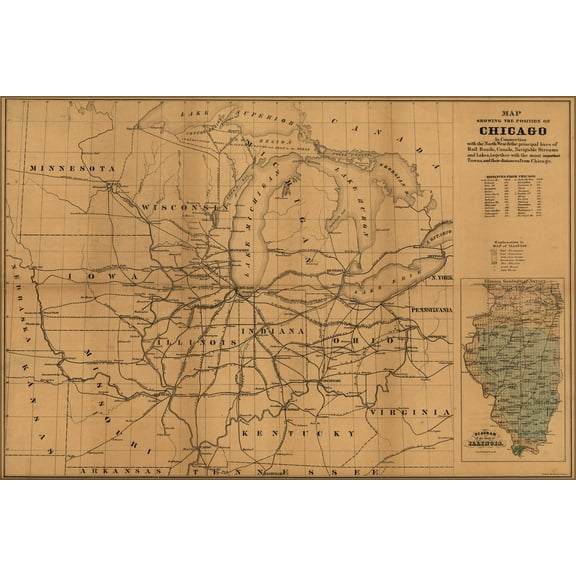 24"x36" Gallery Poster, Map of Chicago railroad & canal connections 1850