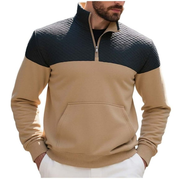 Stamzod Mens Sweatshirt Fashion Patchwork Standing Collar Half Zipper Pullover Tops Casual Long Sleeve Sweatshirts for Men Khaki-1 XXXL