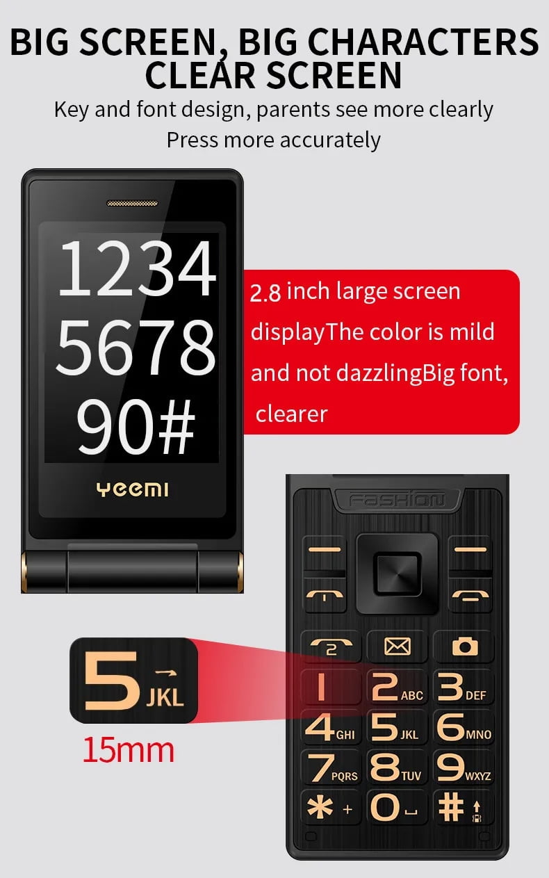 YEEMI M2-C Flip Mobile Phone for Elderly GSM 2G Network Dual SIM 2.8inches 1800mAh Dual Screen Big Letters Cellphone