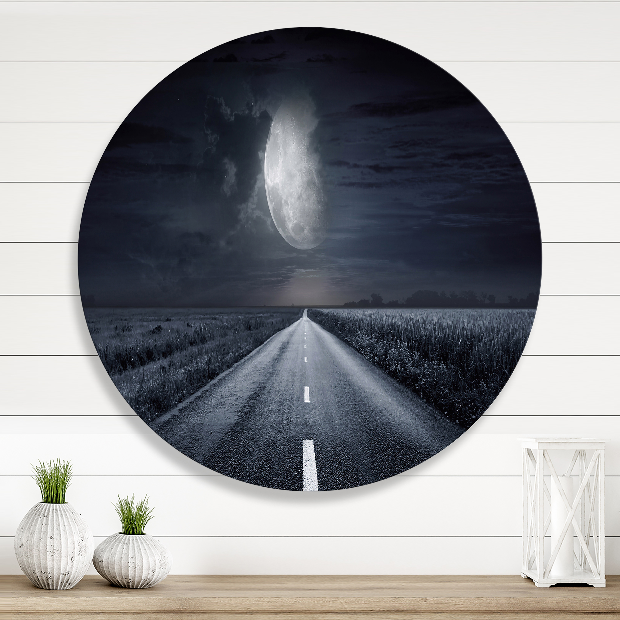Designart 'Cloudy Full Moon Over Asphalt Road III' Nautical & Coastal Circle Metal Wall Art 11x11 - Disc of 11