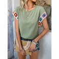 thumbnail image 6 of Womens Summer Tops Casual Short Sleeve T Shirts Crewneck Boho Crochet Floral Print Blouses Green L, 6 of 9