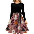 thumbnail image 4 of Halloween Dresses for Women Bat Printed Crew Neck Scary Swing Dress Bone Cocktail Long Sleeve Retro Tea Length Dress with Belt L, 4 of 5
