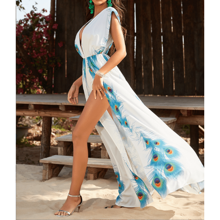 Summer V Neck Straps Dress Women Sexy Sleeveless Feather Printed Mini Sling Dress  Female Casual Party Beach Dresses 