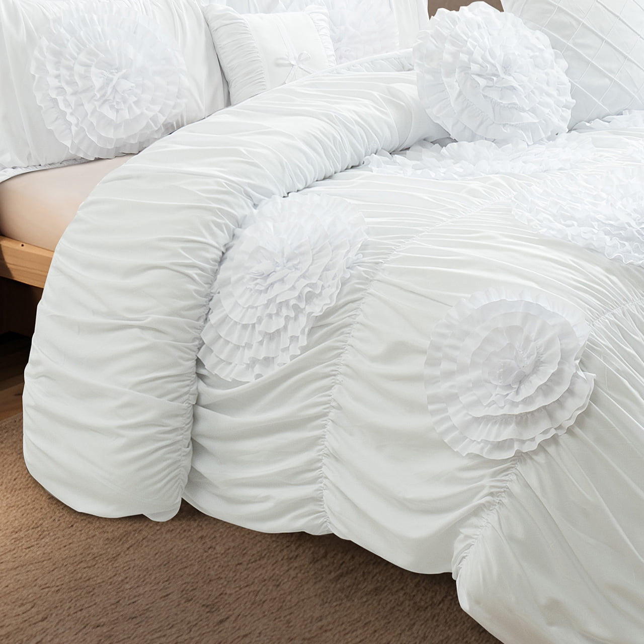 7pc White King Floral Ruffled Comforter Set with 3D Appliqué