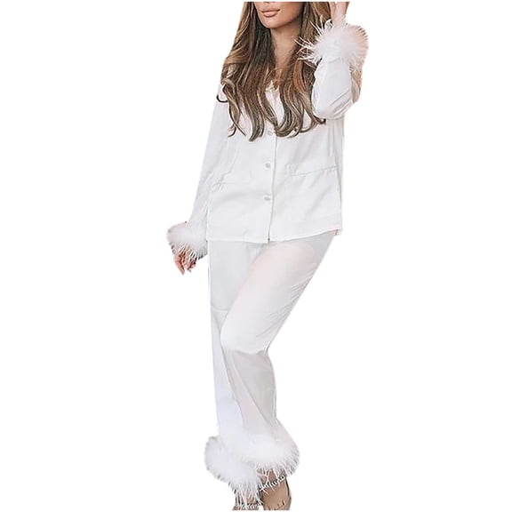 Odeerbi Women Pajama Sets Full Sleeve Sleepwear Attractive Casual Turn Down Neck Solid Feather Button Pants Suit Homewear Pajamas Purple