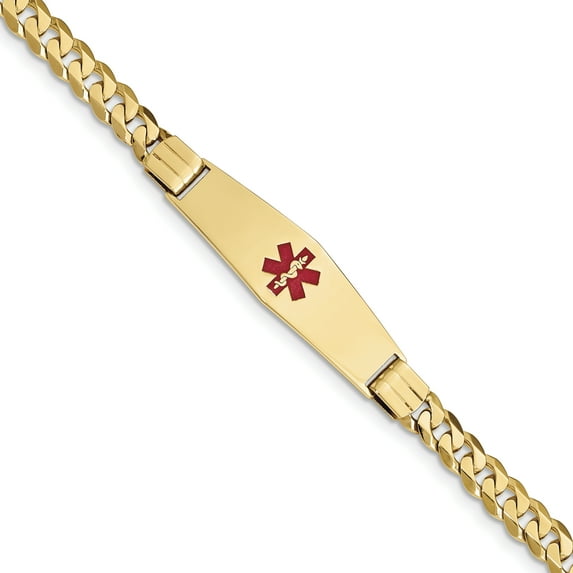14K Medical Soft Diamond Shape Red Enamel Curb Link ID Bracelet (Weight: 15.34 Grams, Length: 7 Inches)