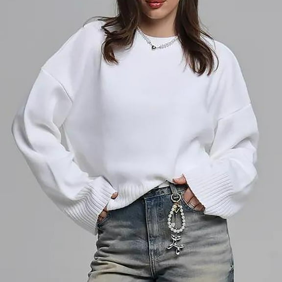 PiGOGI Ladies' Loose Casual Solid Color Round Neck Long Sleeve Knitted Sweater Top - Comfortable Fit White S