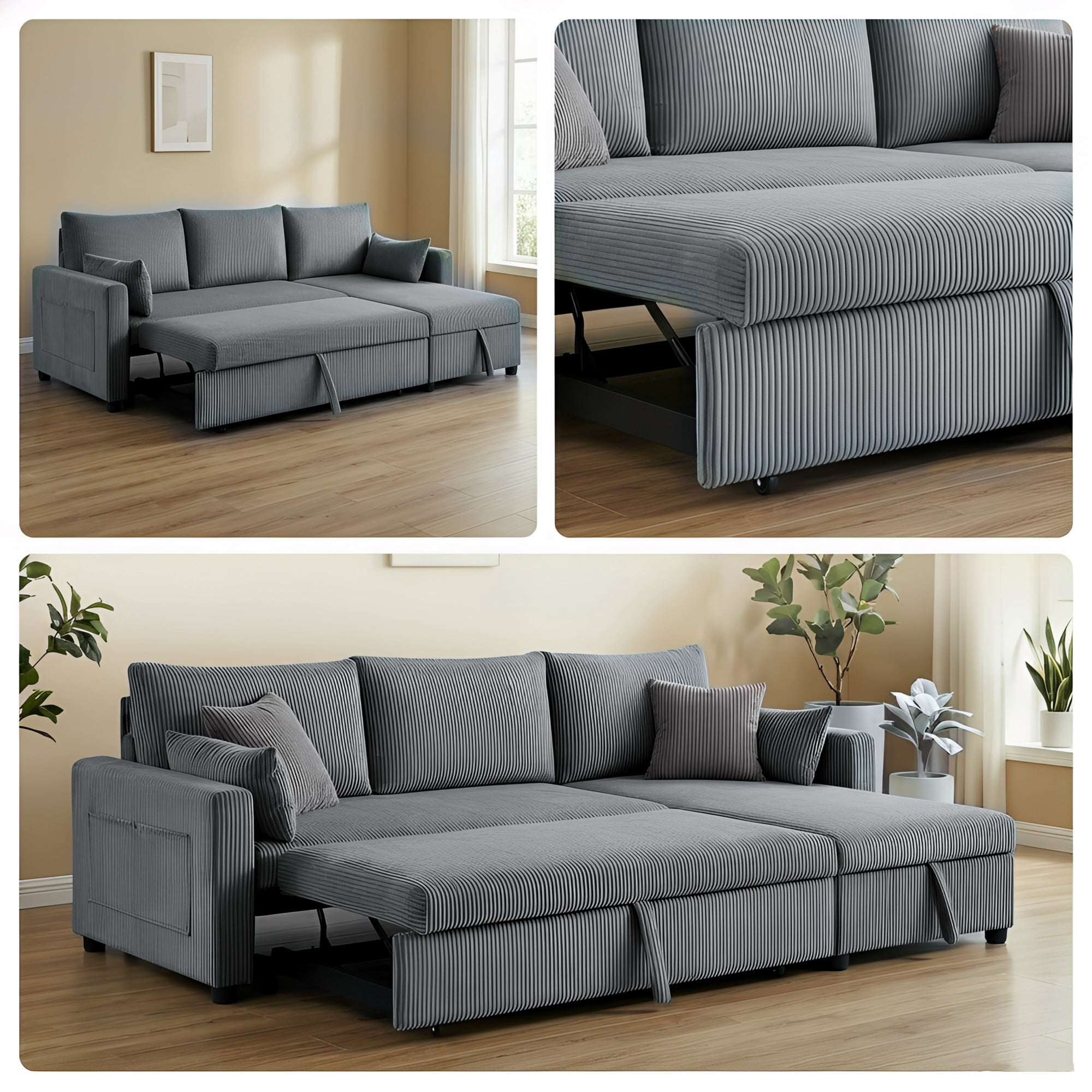 Gewnee 3-Seater Corduroy Sectional Pull Out Sleeper Sofa Bed with Storage, Couch for Living Room, Apartment, Office, Dark Gray