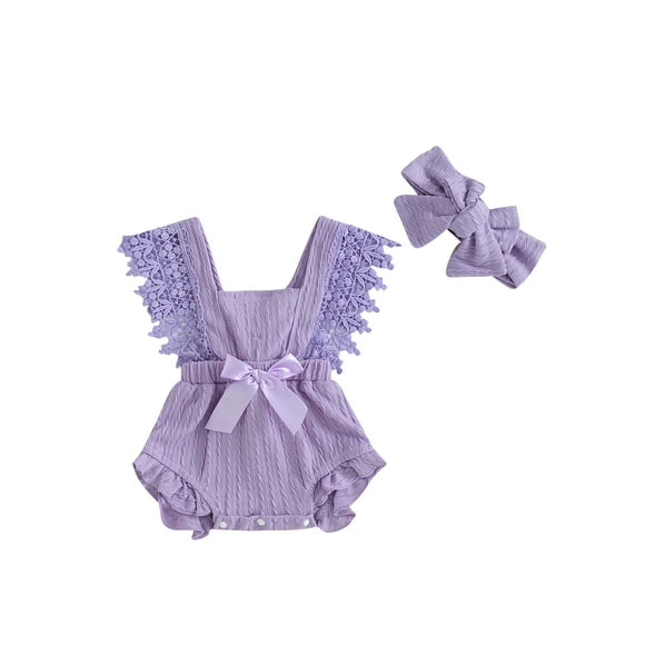 Baby Girls Summer Lace Romper Sleeveless Ruffle Trim Bow Decorated Romper with Headband